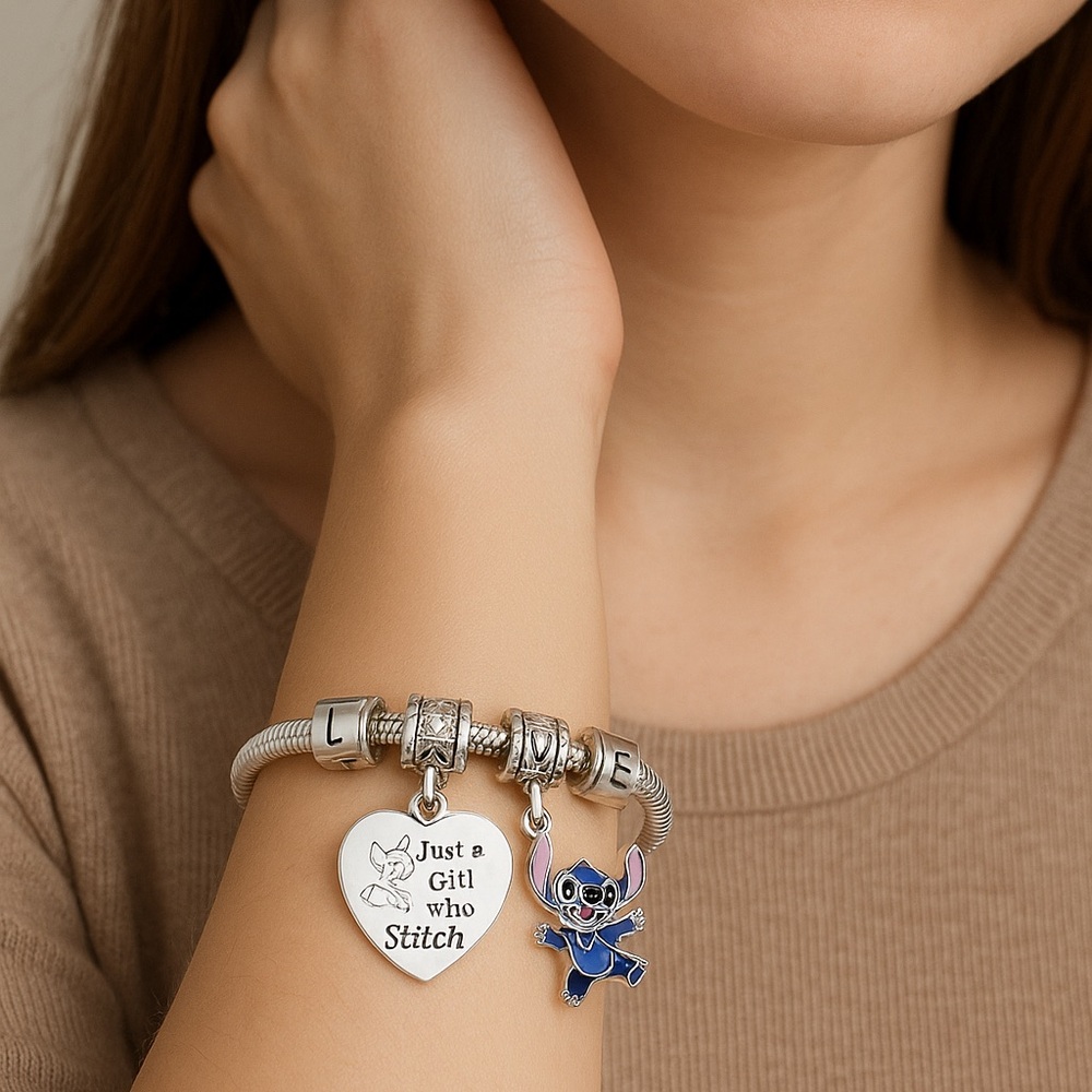 Silver and Blue Charm Bracelet with Heart and Beads